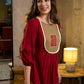 Luminous Crimson Cotton Flared Dress with Contrast Hand Block Printed Beige Yoke & Elasticated Puffy Sleeves