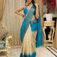 Pure Tussar silk saree in ocean blue with temple borders