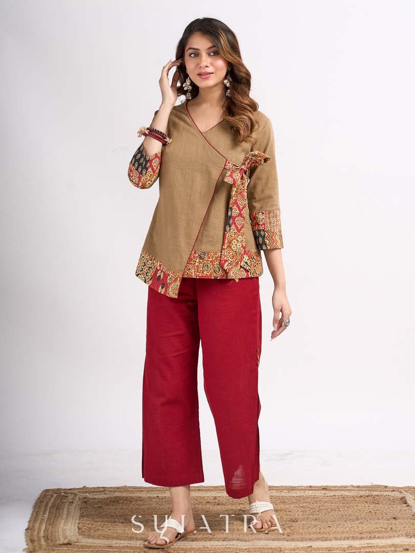 Beige Cotton Angrakha Style Top with Contrast Piping and Statement Tie Up Detailing