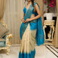 Pure Tussar silk saree in ocean blue with temple borders