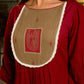 Luminous Crimson Cotton Flared Dress with Contrast Hand Block Printed Beige Yoke & Elasticated Puffy Sleeves