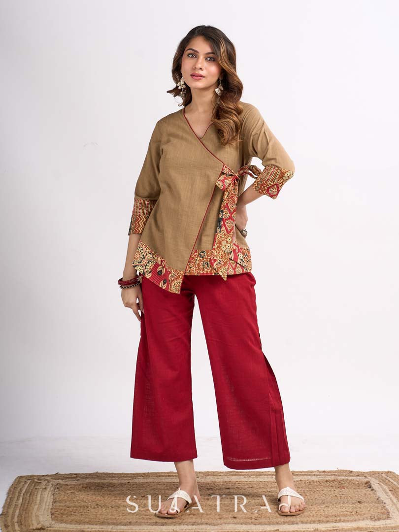 Beige Cotton Angrakha Style Top with Contrast Piping and Statement Tie Up Detailing