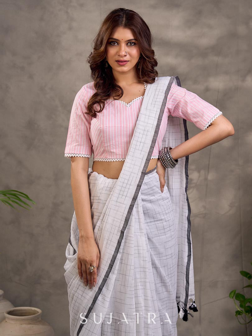 Pastel Pink Striped Cotton Sweetheart Neckline Blouse with Scallop Lace Detailing
