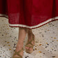 Luminous Crimson Cotton Flared Dress with Contrast Hand Block Printed Beige Yoke & Elasticated Puffy Sleeves