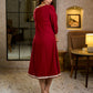 Luminous Crimson Cotton Flared Dress with Contrast Hand Block Printed Beige Yoke & Elasticated Puffy Sleeves