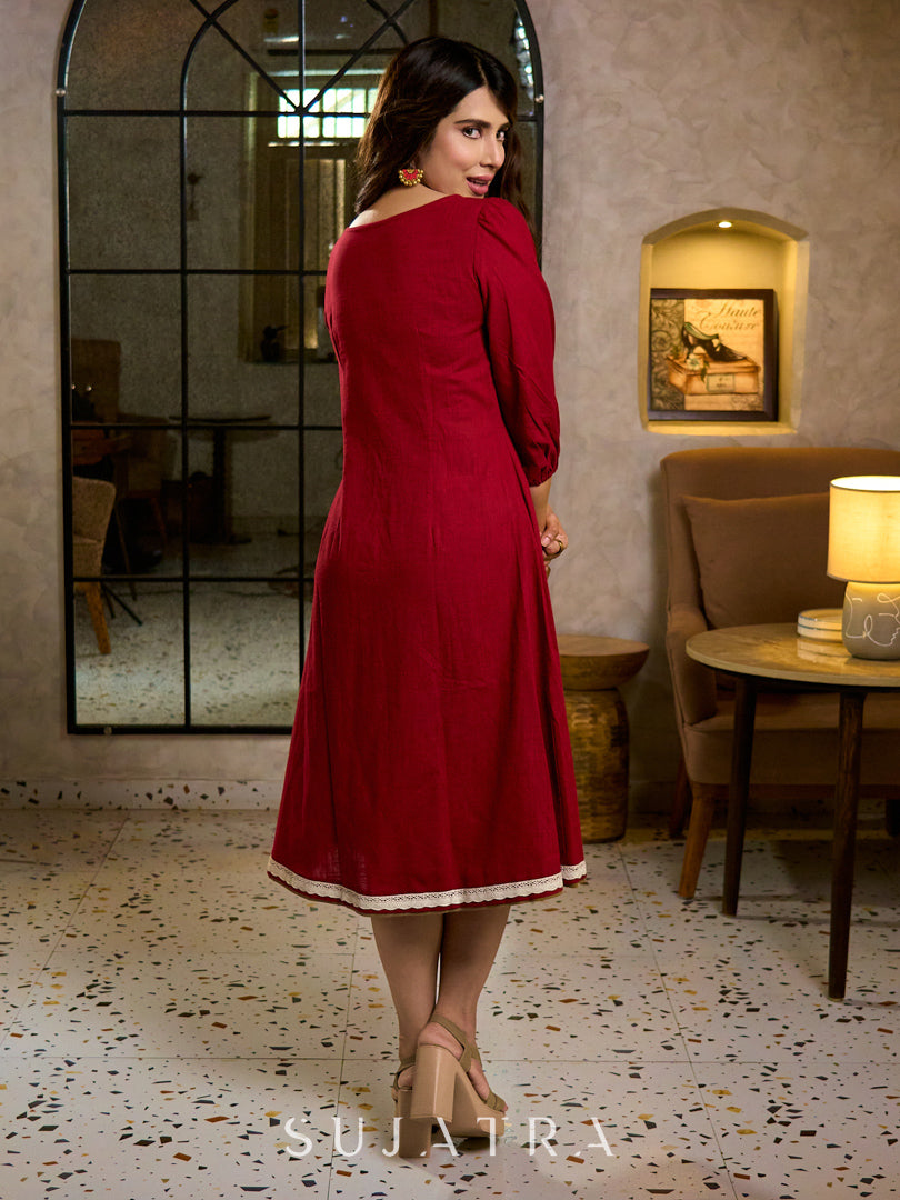 Luminous Crimson Cotton Flared Dress with Contrast Hand Block Printed Beige Yoke & Elasticated Puffy Sleeves