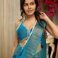 Pure Tussar silk saree in ocean blue with temple borders
