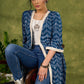Boho Chic Indigo Blue Shrug With Vibrant Print & Whimsical Laces