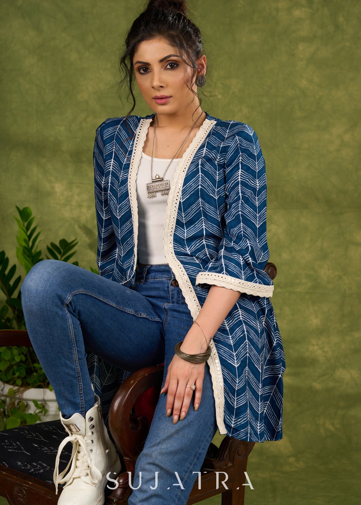 Boho Chic Indigo Blue Shrug With Vibrant Print & Whimsical Laces