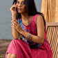 Rose Pink Pleated Wrap Dress with Embroidered Blue Panel