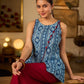 Elegant Indigo Geometric Cotton Top With An Asymmetrical Overlap Front and Maroon Highlights