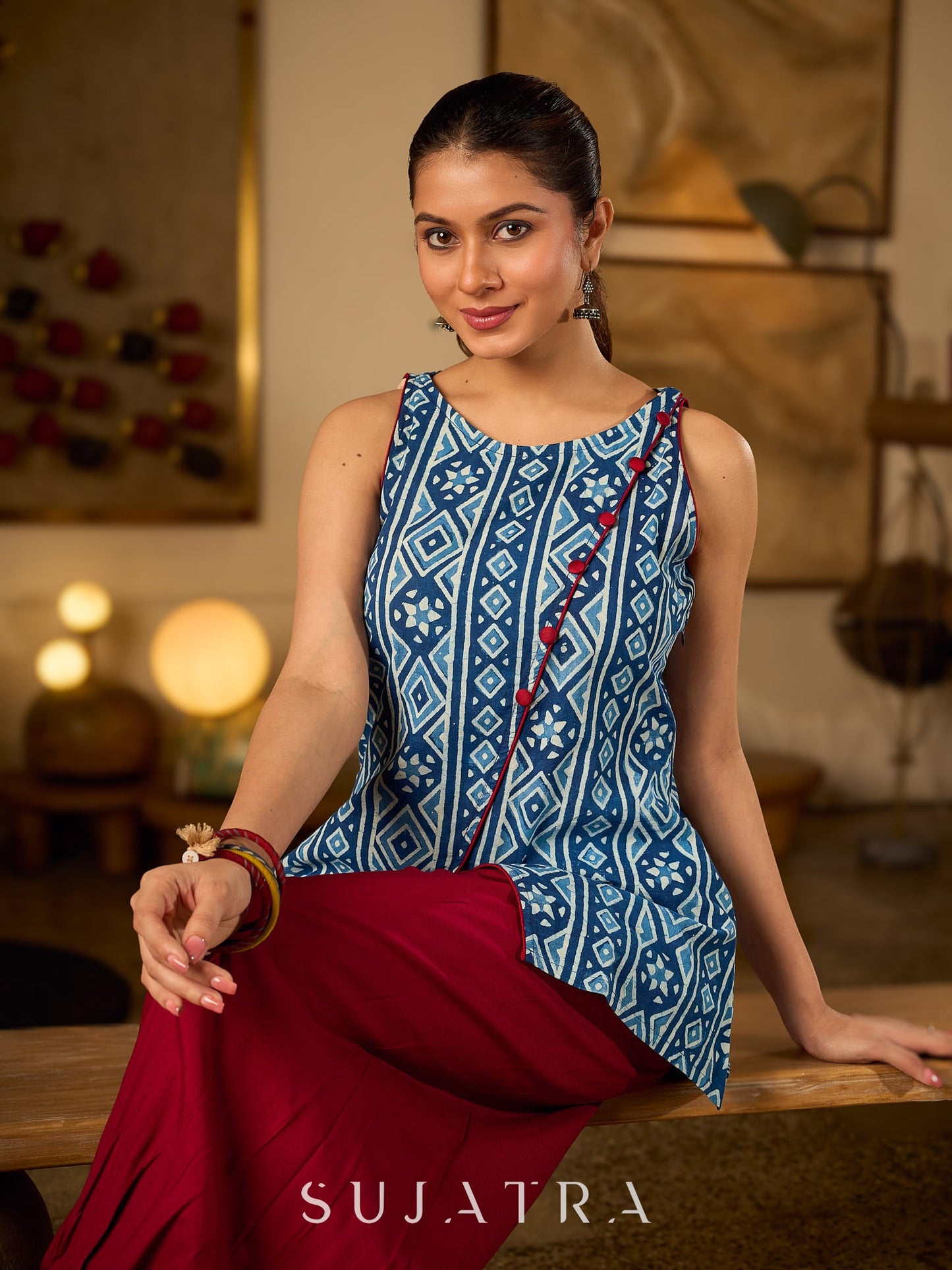 Elegant Indigo Geometric Cotton Top With An Asymmetrical Overlap Front and Maroon Highlights