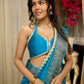 Pure Tussar silk saree in ocean blue with temple borders