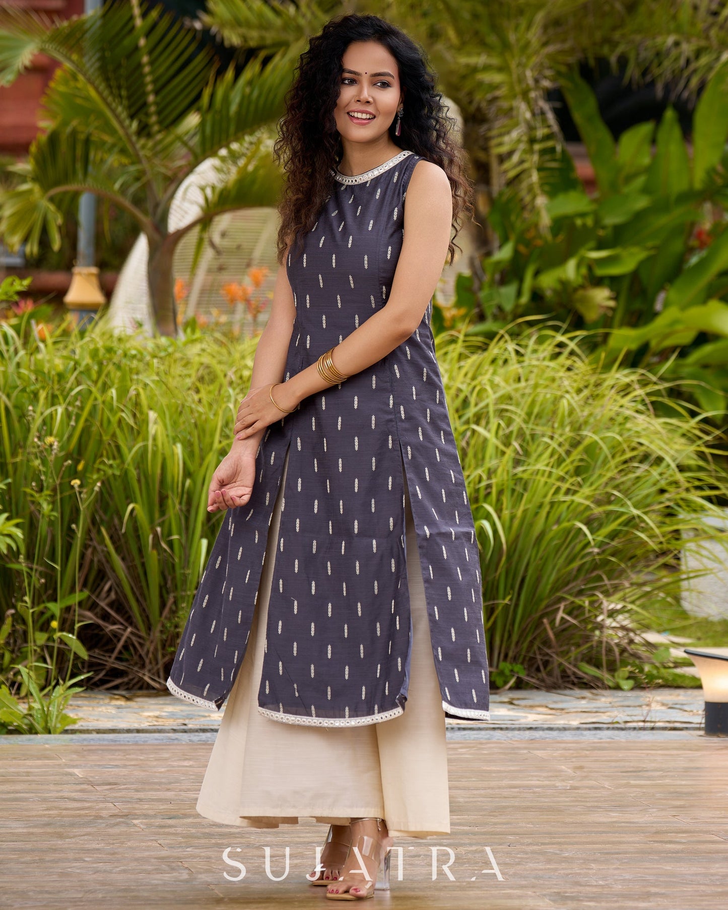 Smoky Grey High-Slit Kurta in Self-Woven  Cotton Silk  -  Double Flared Pant Additional