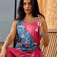 Rose Pink Pleated Wrap Dress with Embroidered Blue Panel