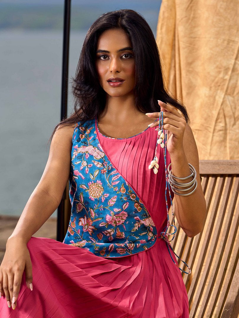 Rose Pink Pleated Wrap Dress with Embroidered Blue Panel