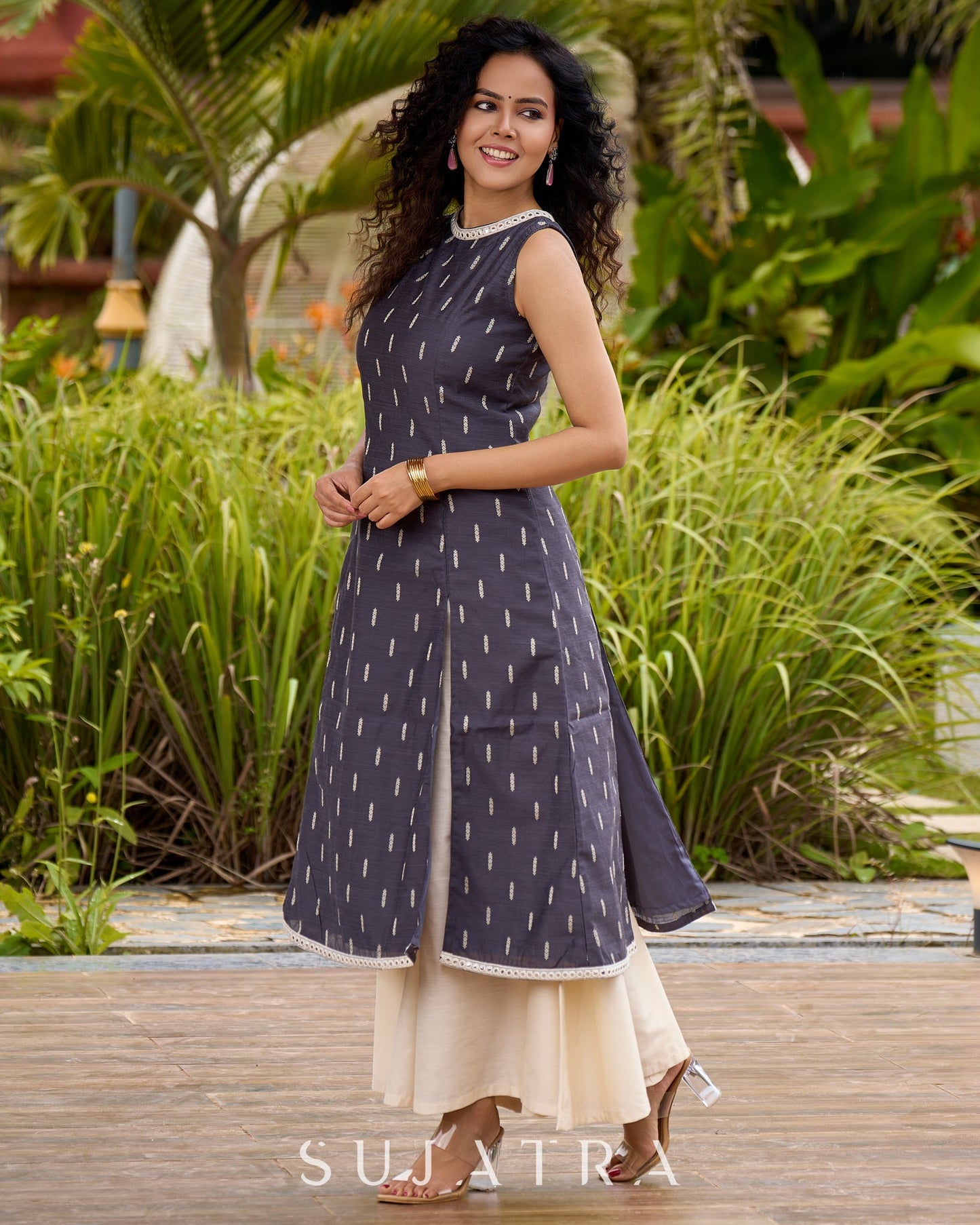 Smoky Grey High-Slit Kurta in Self-Woven  Cotton Silk  -  Double Flared Pant Additional