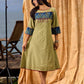 Sage Green Cotton Flared Dress with Contrast Ajrakh Yoke and Cuff Detailing featuring Hand Painting