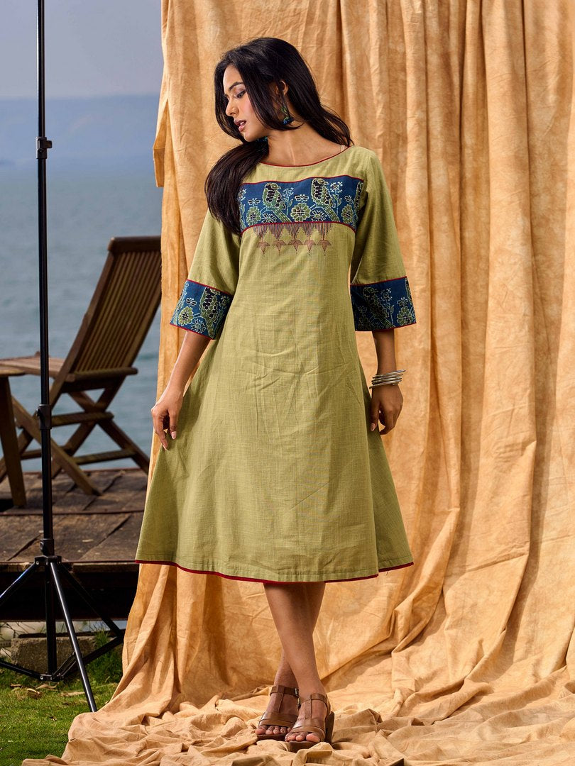 Sage Green Cotton Flared Dress with Contrast Ajrakh Yoke and Cuff Detailing featuring Hand Painting