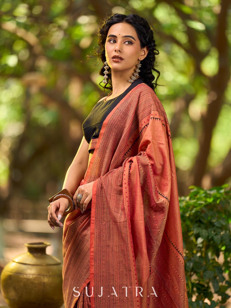 Contemporary Rust Cotton Saree with Traditional Hand Block Print Borders
