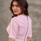 Pastel Pink Striped Cotton Sweetheart Neckline Blouse with Scallop Lace Detailing