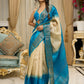 Pure Tussar silk saree in ocean blue with temple borders