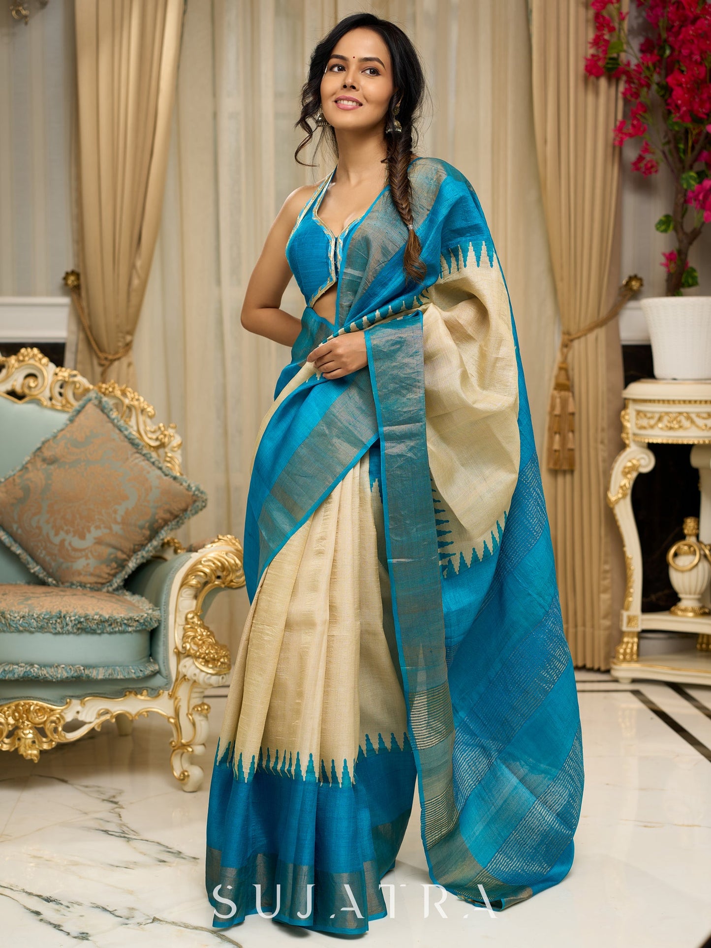 Pure Tussar silk saree in ocean blue with temple borders