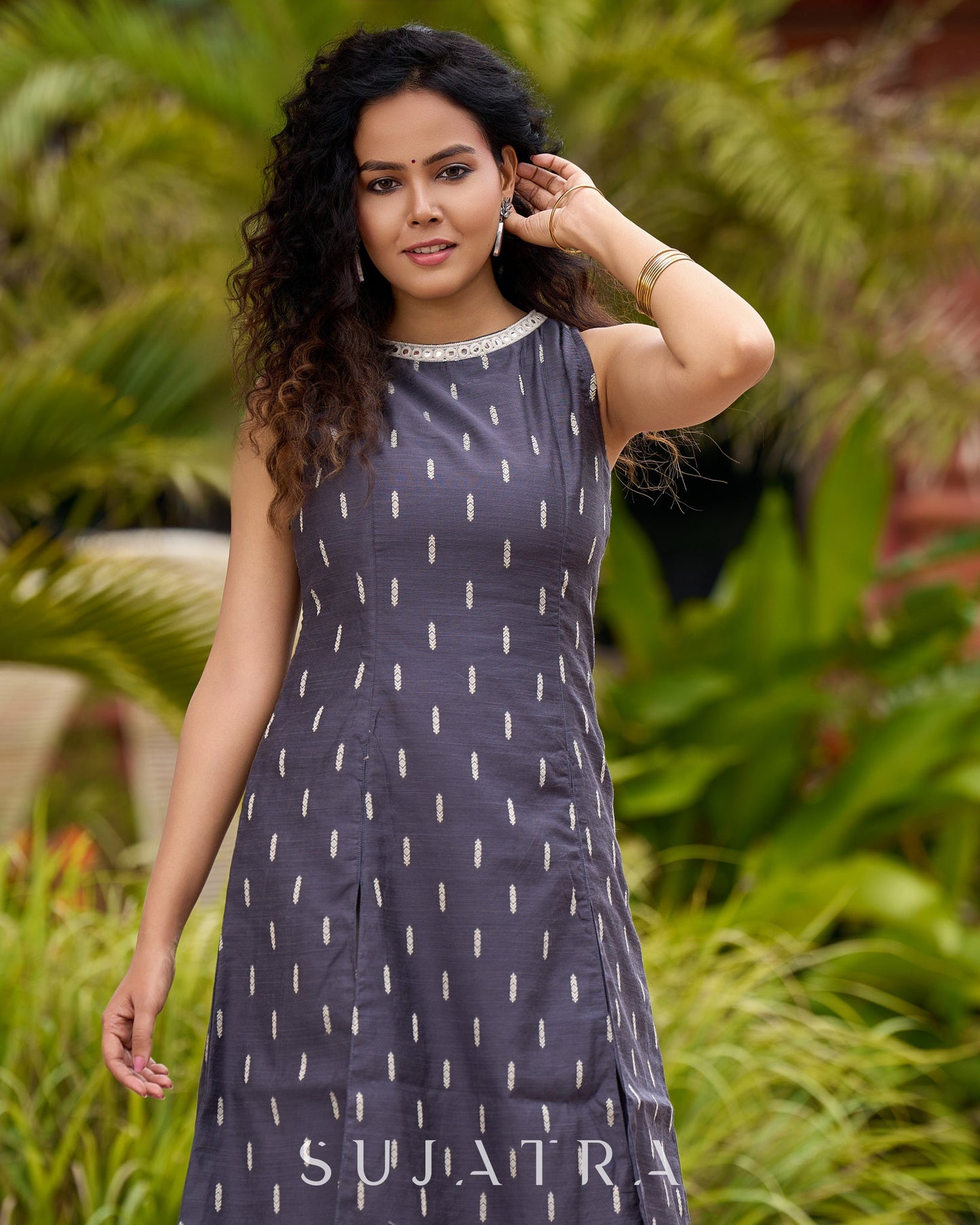 Smoky Grey High-Slit Kurta in Self-Woven  Cotton Silk  -  Double Flared Pant Additional