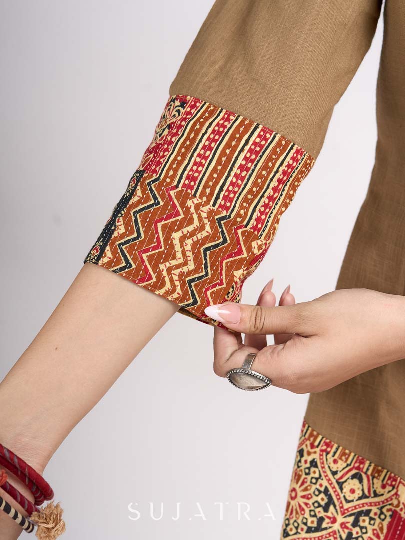 Beige Cotton Angrakha Style Top with Contrast Piping and Statement Tie Up Detailing