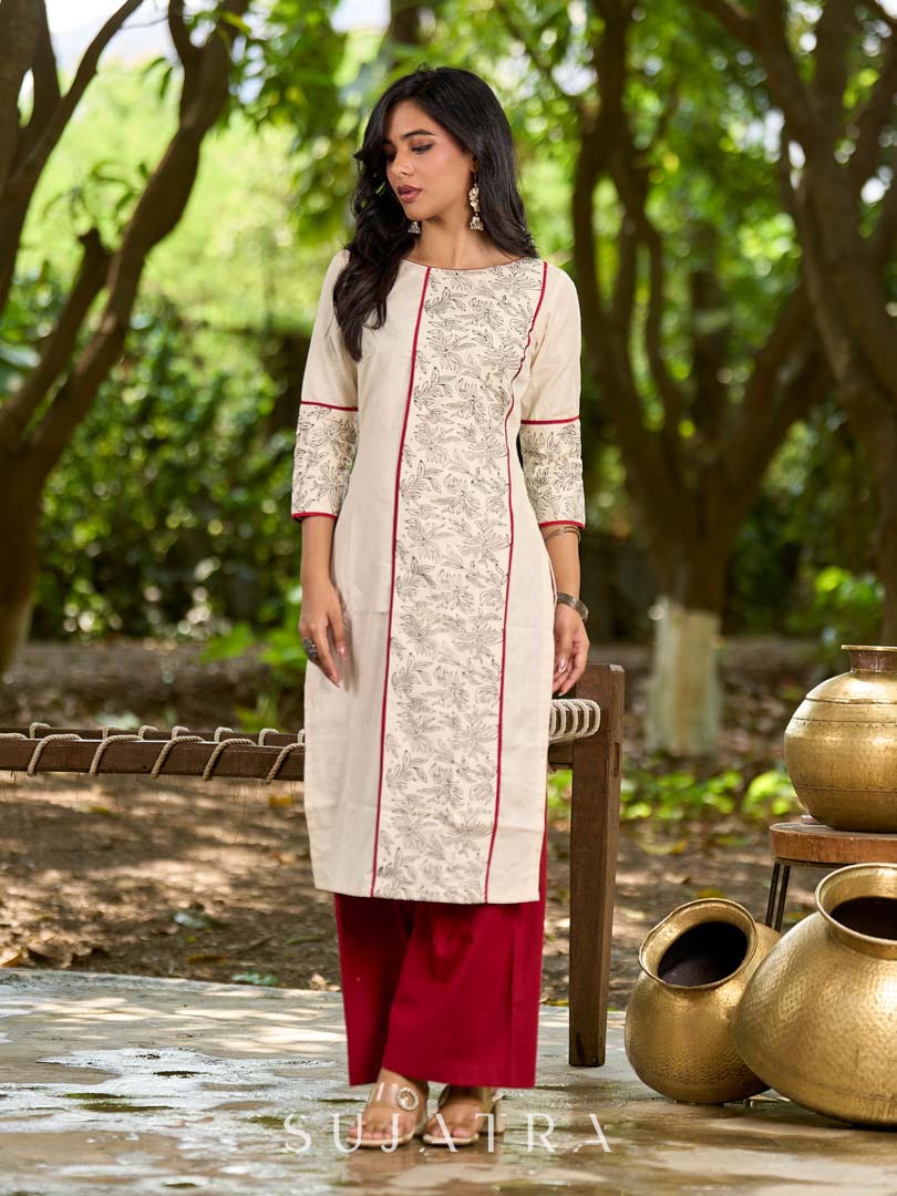 Refined Off-White Cotton Flex Kurta with Statement Floral Panel Hand Block Print and Maroon Accents