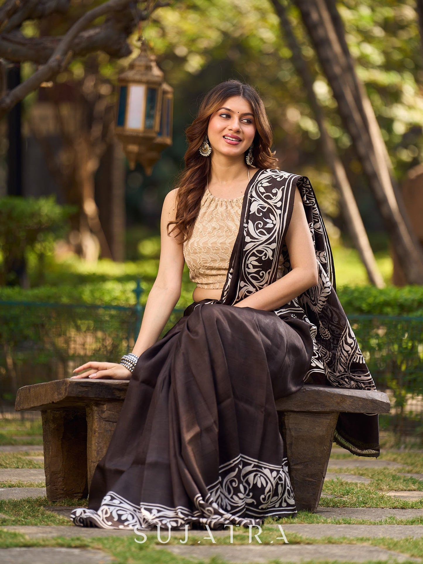 Timeless Dark Brown Pure Silk Hand Batik Saree with Bold Prints and Statement Borders