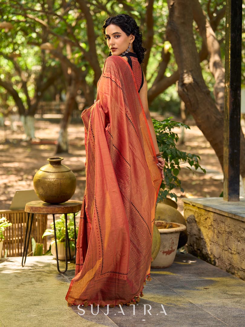 Contemporary Rust Cotton Saree with Traditional Hand Block Print Borders