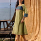 Sage Green Cotton Flared Dress with Contrast Ajrakh Yoke and Cuff Detailing featuring Hand Painting