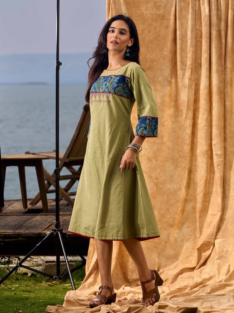 Sage Green Cotton Flared Dress with Contrast Ajrakh Yoke and Cuff Detailing featuring Hand Painting