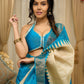 Pure Tussar silk saree in ocean blue with temple borders