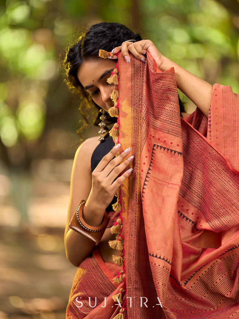 Contemporary Rust Cotton Saree with Traditional Hand Block Print Borders