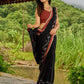 Heritage black cotton saree blending Jamdani-inspired weaves with Ajrakh elegance