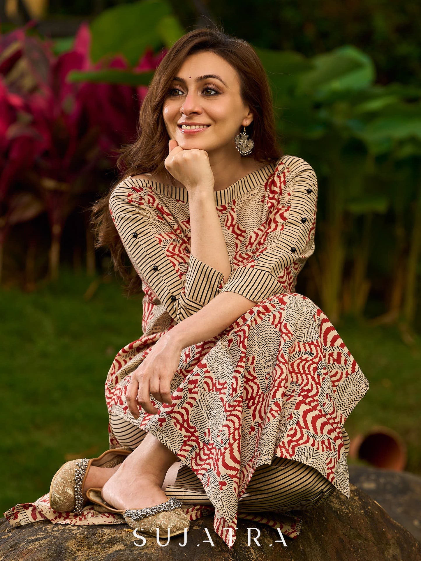 Artisanal Ajrakh Print Kurta with Animal Motifs, Boat Neckline, and Striped Highlights