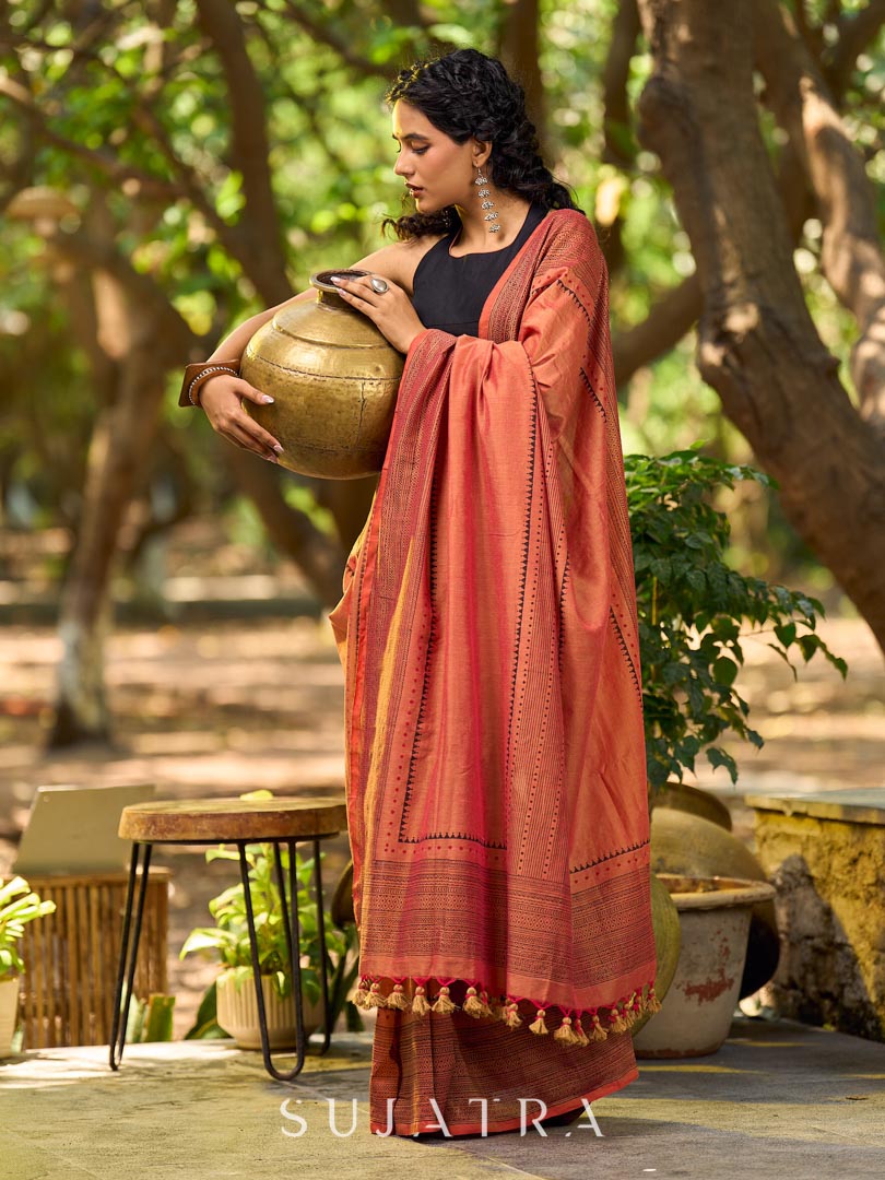Contemporary Rust Cotton Saree with Traditional Hand Block Print Borders