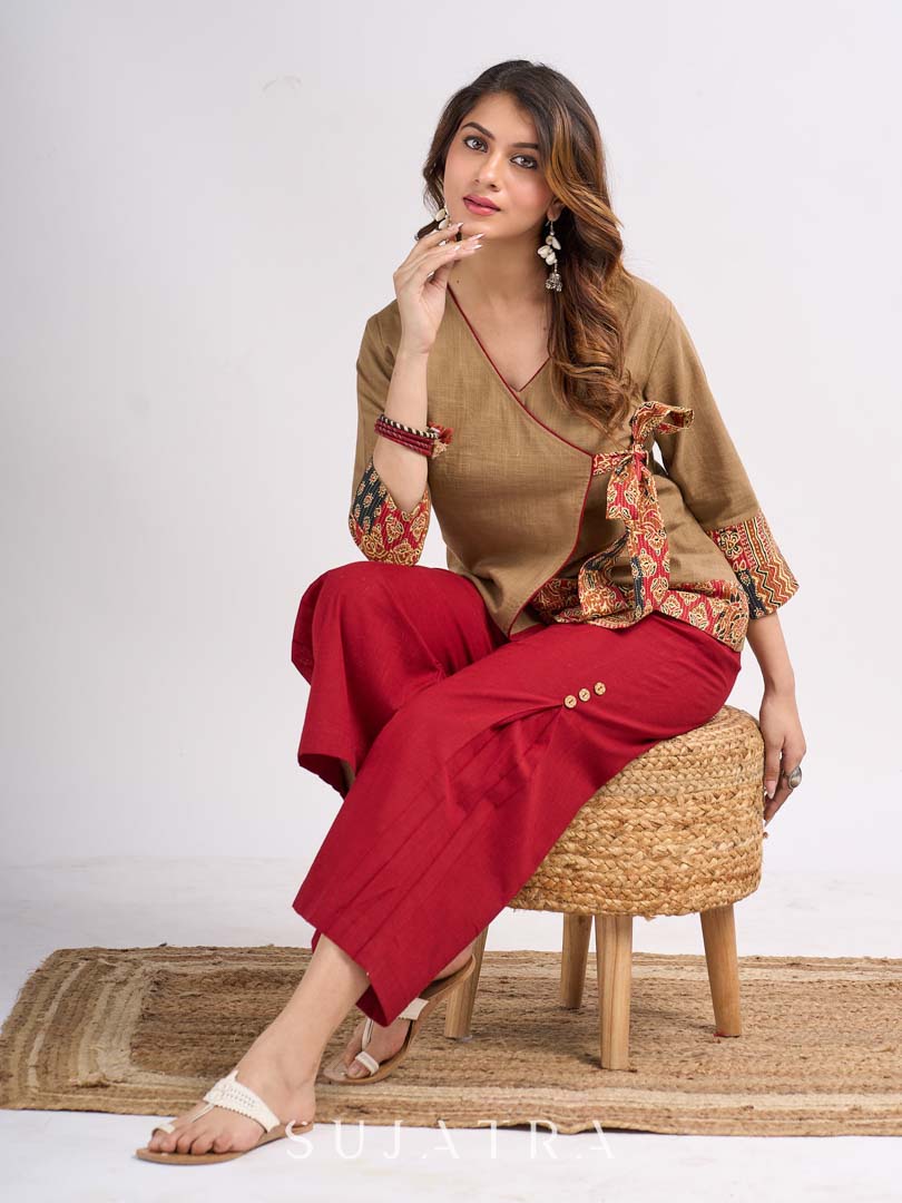 Beige Cotton Angrakha Style Top with Contrast Piping and Statement Tie Up Detailing