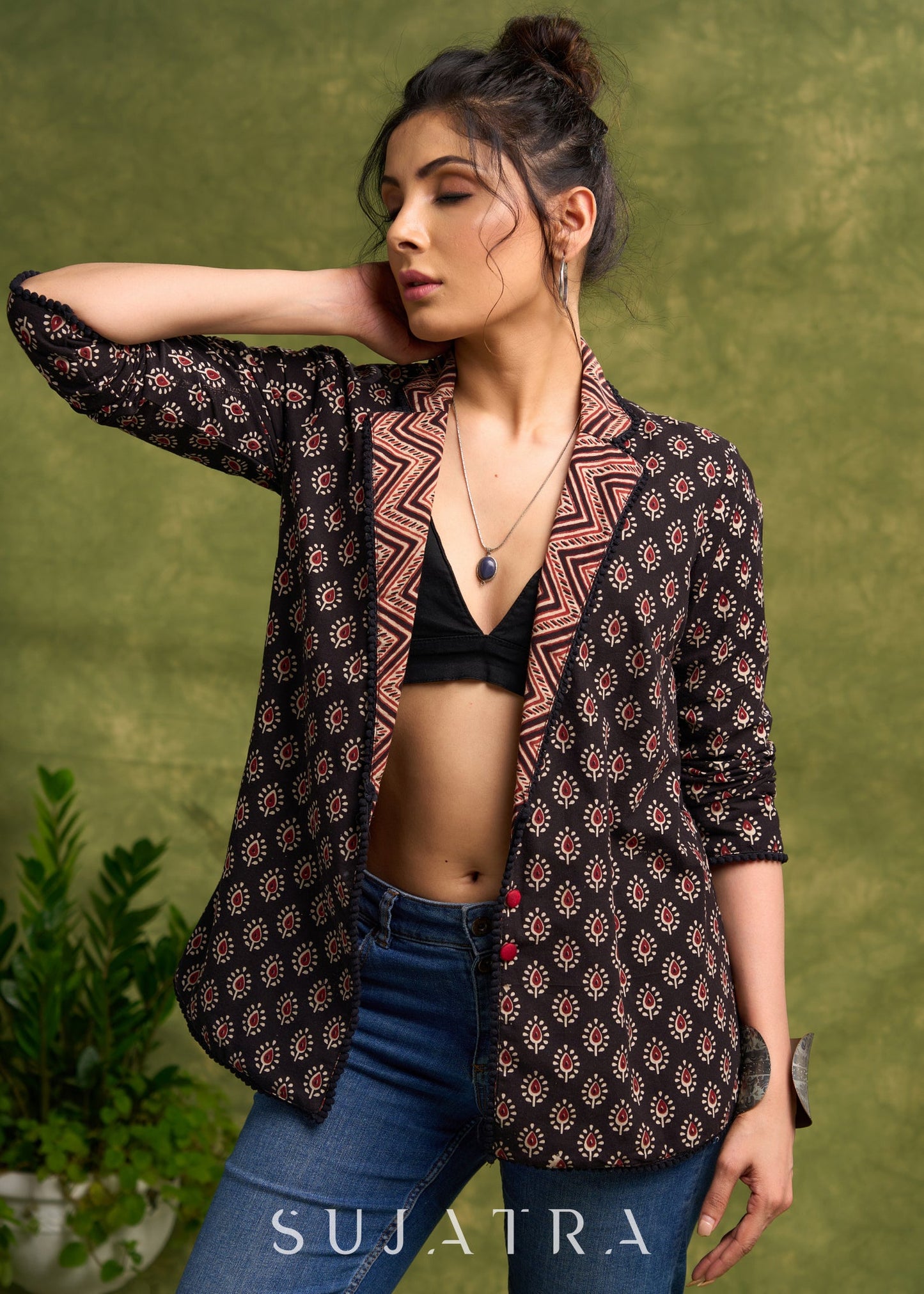 Block Printed Black Ajrakh Jacket Featuring Traditional Booty Print And Contrasting Collar