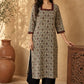 Cream Floral Print Kurta with Square Neckline & Ajrakh Border Accents
