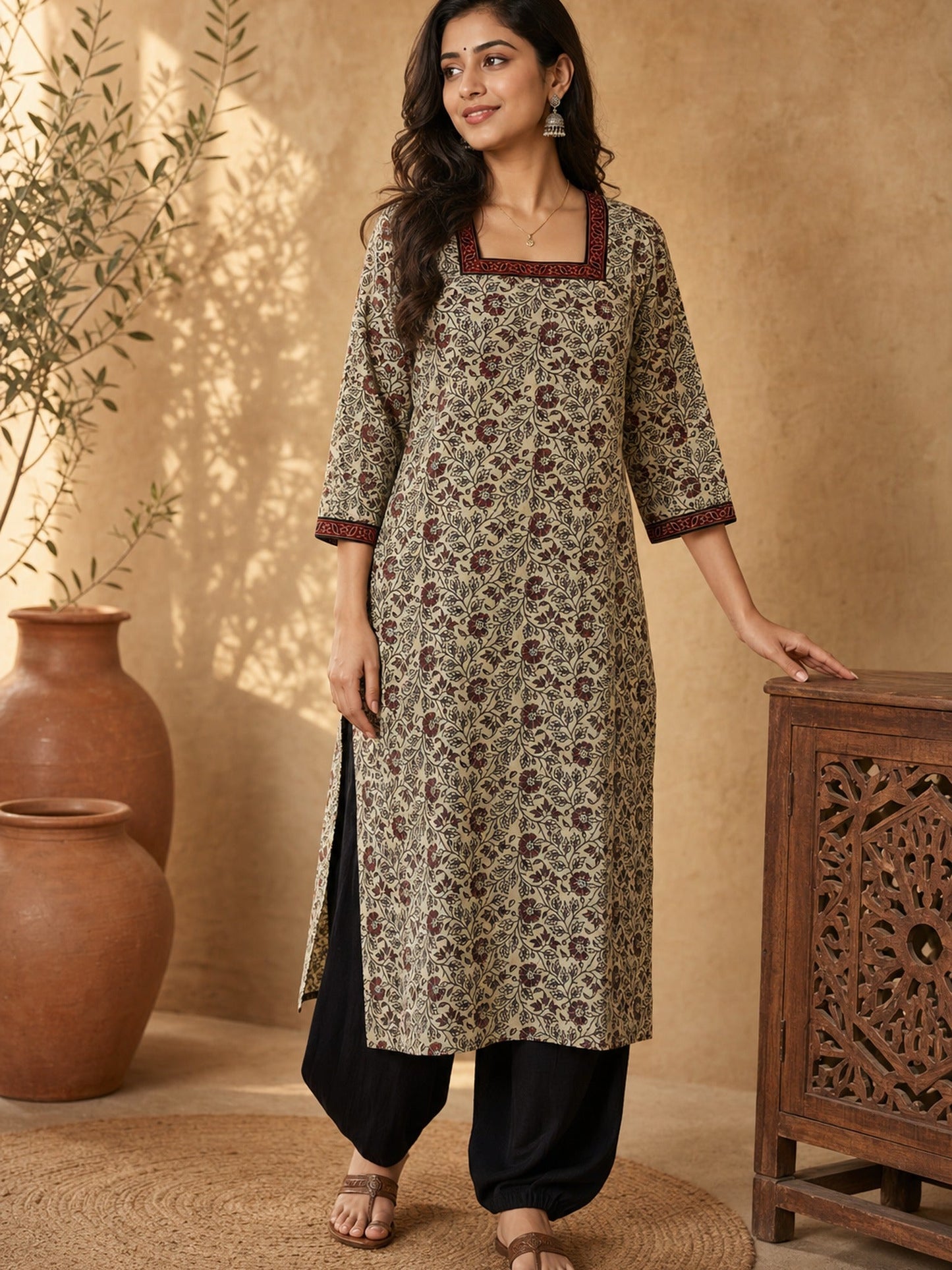 Cream Floral Print Kurta with Square Neckline & Ajrakh Border Accents