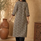 Cream Floral Print Kurta with Square Neckline & Ajrakh Border Accents