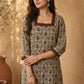 Cream Floral Print Kurta with Square Neckline & Ajrakh Border Accents