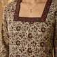 Cream Floral Print Kurta with Square Neckline & Ajrakh Border Accents