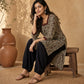 Cream Floral Print Kurta with Square Neckline & Ajrakh Border Accents