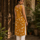Vivid Mustard Rayon Printed Kurta with White Schiffli Asymmetric Panel