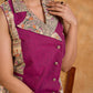 Elegant Madhubani jacket featuring magenta panels, asymmetrical closure, and a notch collar, enhanced with matching accents for a clean, tailored silhouette ideal for elevated corporate wear.
