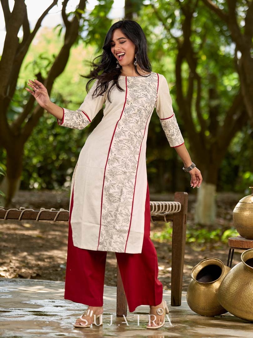 Refined Off-White Cotton Flex Kurta with Statement Floral Panel Hand Block Print and Maroon Accents